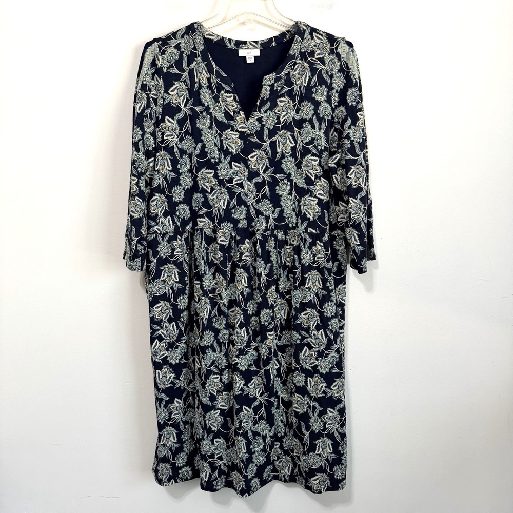 J Jill Stretch Knit Shift Dress M Blue Floral‎ 3/4 Sleeve Party Classic Pullover